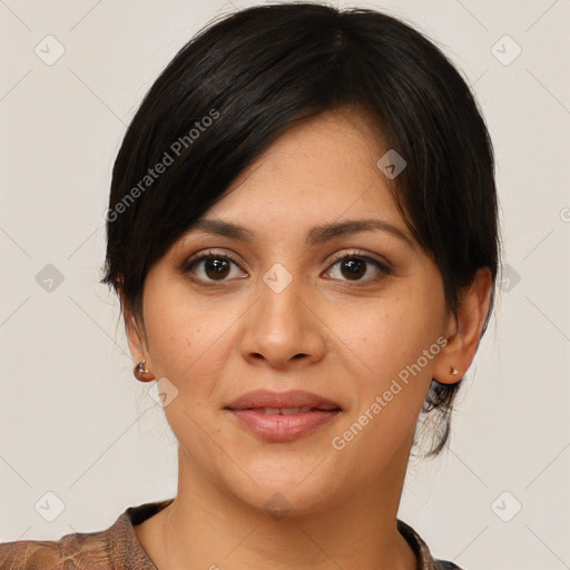 Joyful white young-adult female with medium  brown hair and brown eyes