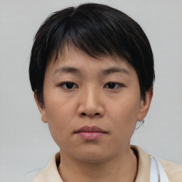 Neutral asian young-adult female with short  brown hair and brown eyes