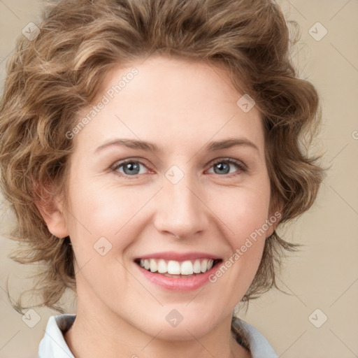 Joyful white young-adult female with medium  brown hair and green eyes