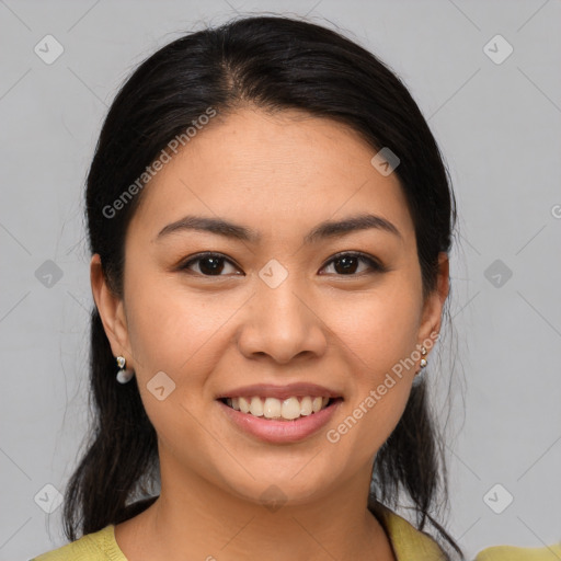 Joyful white young-adult female with medium  brown hair and brown eyes