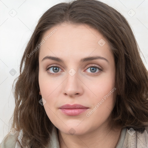 Neutral white young-adult female with long  brown hair and grey eyes