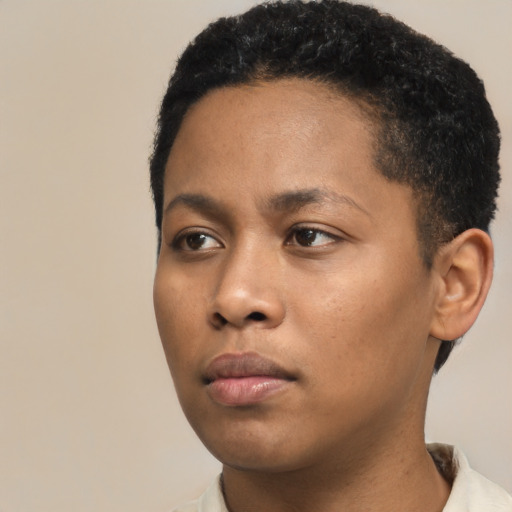 Neutral black young-adult female with short  black hair and brown eyes