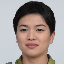 Neutral asian young-adult female with short  black hair and brown eyes