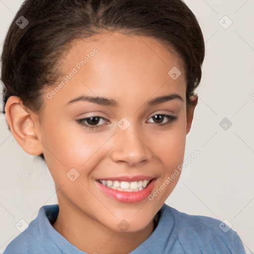 Joyful white child female with short  brown hair and brown eyes