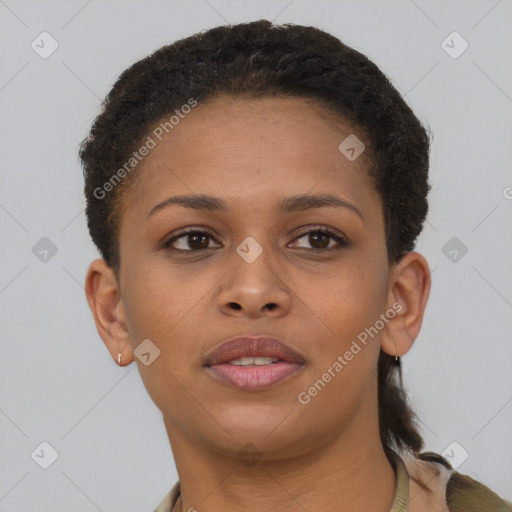 Neutral black young-adult female with short  brown hair and brown eyes