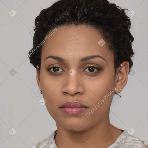 Neutral black young-adult female with short  black hair and brown eyes