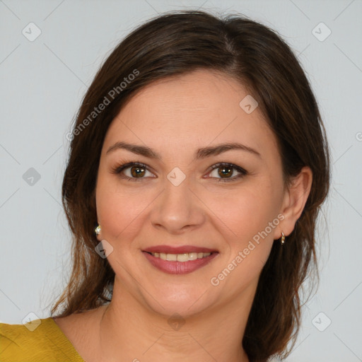 Joyful white young-adult female with medium  brown hair and brown eyes