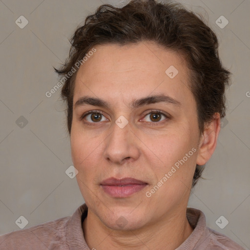 Joyful white adult female with short  brown hair and brown eyes