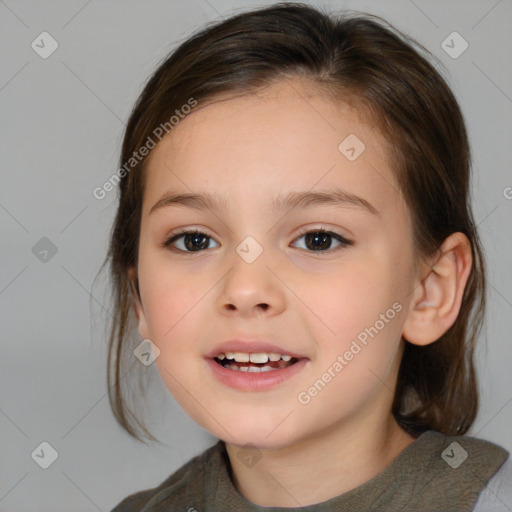 Joyful white child female with medium  brown hair and brown eyes