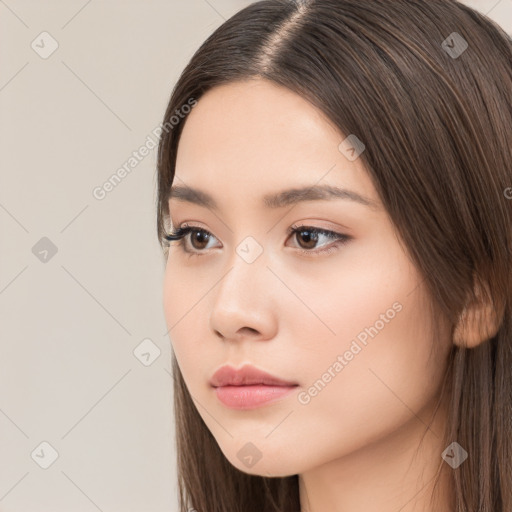 Neutral white young-adult female with long  brown hair and brown eyes