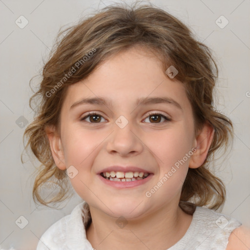 Joyful white child female with medium  brown hair and brown eyes