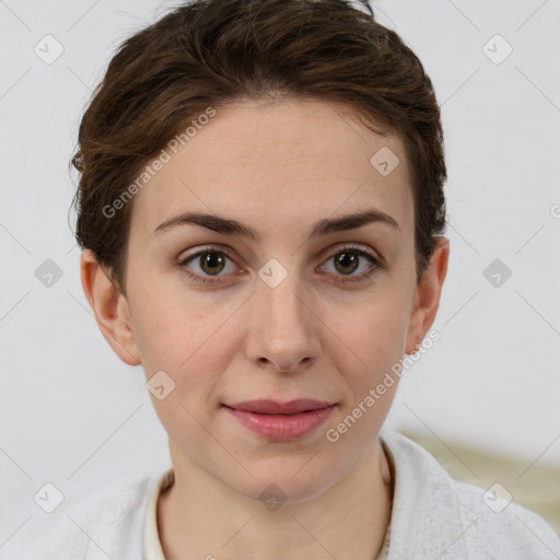 Joyful white young-adult female with short  brown hair and grey eyes