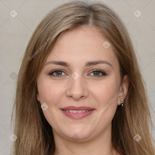 Joyful white young-adult female with long  brown hair and grey eyes