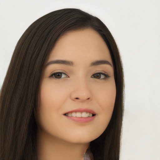 Joyful asian young-adult female with long  brown hair and brown eyes