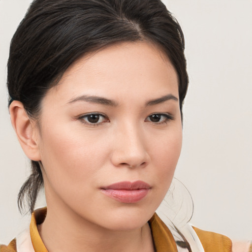 Neutral white young-adult female with medium  brown hair and brown eyes