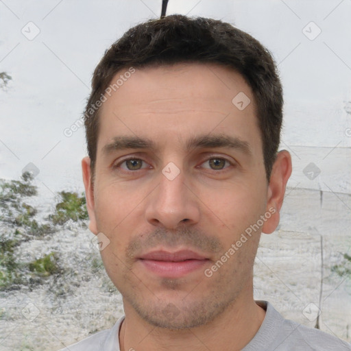 Neutral white adult male with short  brown hair and brown eyes