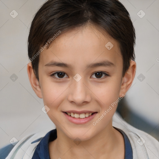 Joyful white child female with short  brown hair and brown eyes