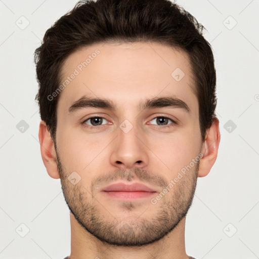 Neutral white young-adult male with short  brown hair and brown eyes