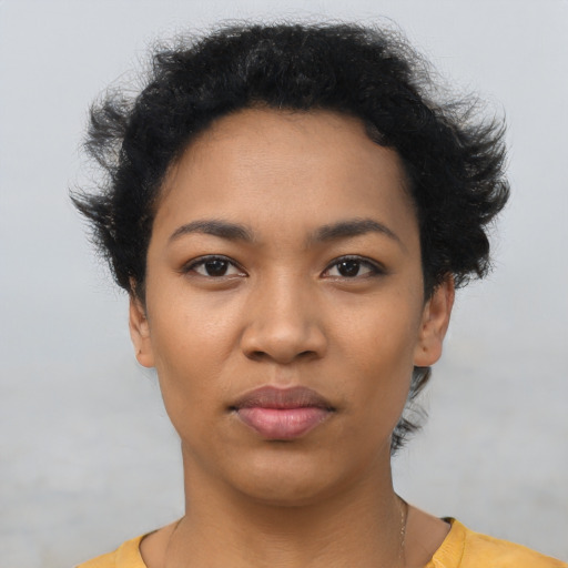 Neutral latino young-adult female with short  black hair and brown eyes