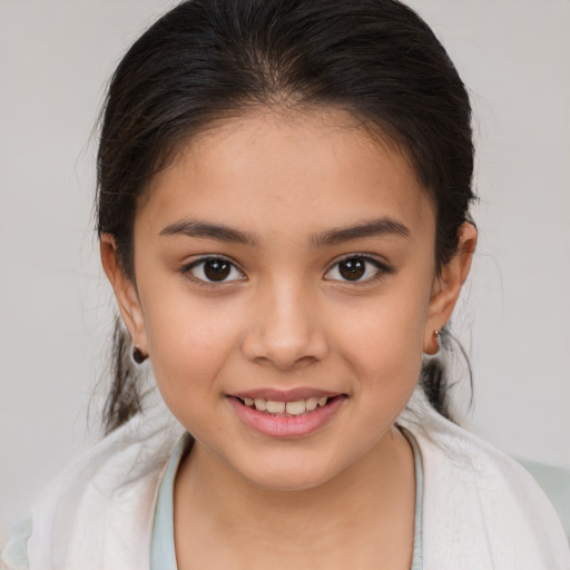 Joyful white child female with medium  brown hair and brown eyes