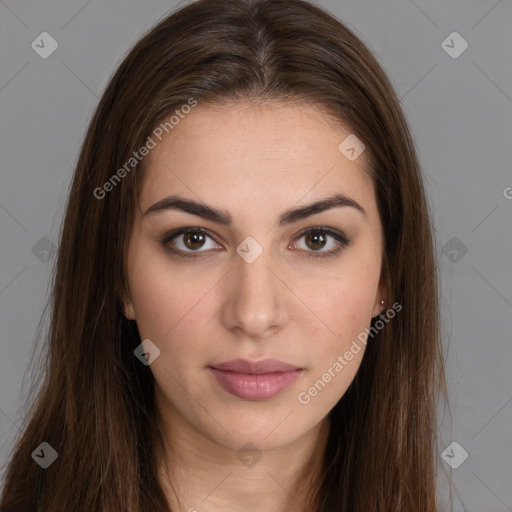 Neutral white young-adult female with long  brown hair and brown eyes