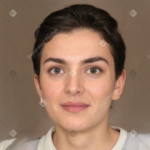 Joyful white young-adult female with short  brown hair and brown eyes