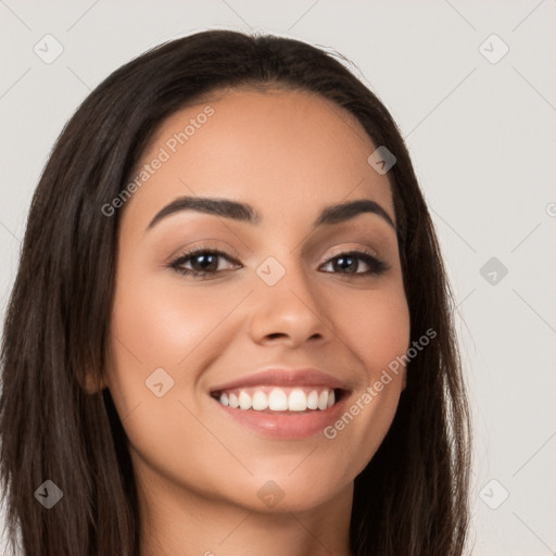 Joyful white young-adult female with long  brown hair and brown eyes