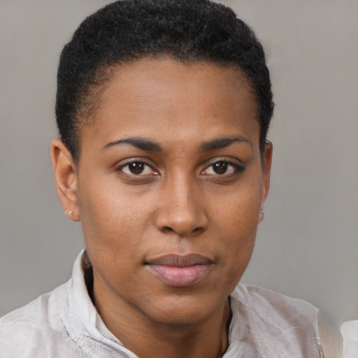Neutral black young-adult female with short  brown hair and brown eyes