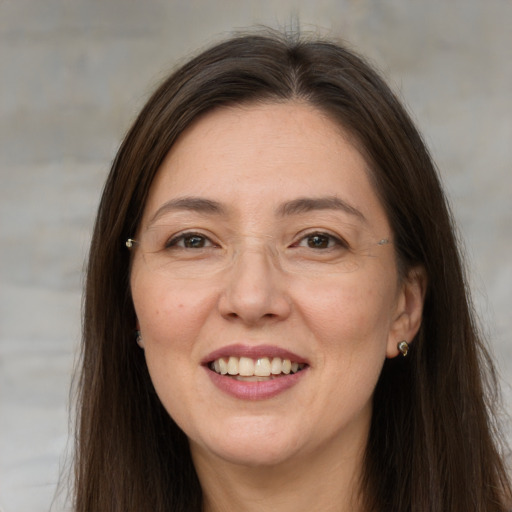 Joyful white adult female with long  brown hair and brown eyes