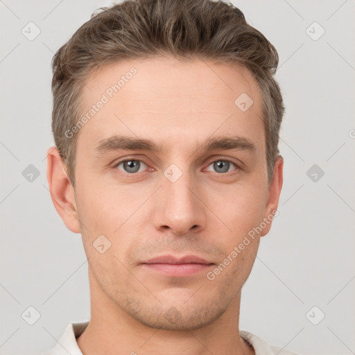 Neutral white young-adult male with short  brown hair and grey eyes