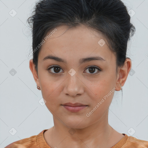 Neutral white young-adult female with short  brown hair and brown eyes