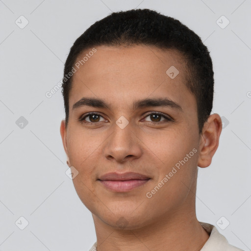 Neutral latino young-adult male with short  brown hair and brown eyes