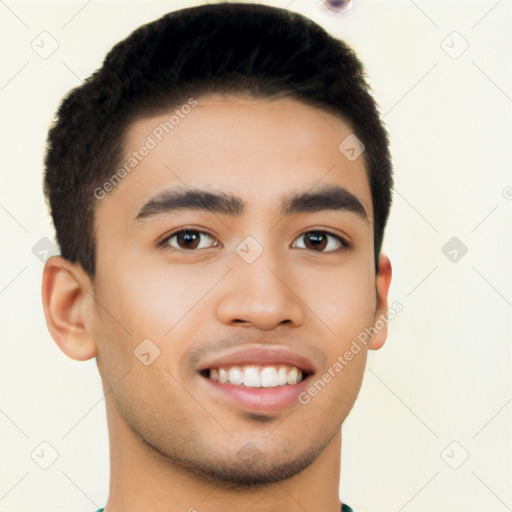 Joyful latino young-adult male with short  black hair and brown eyes