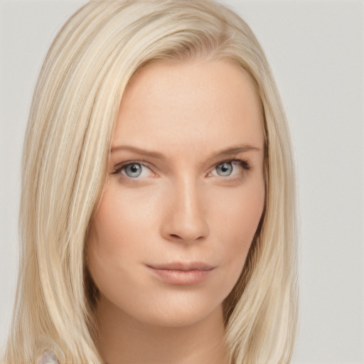 Neutral white young-adult female with long  blond hair and blue eyes