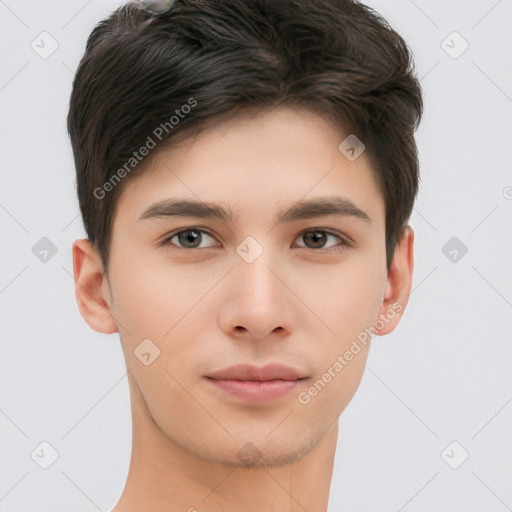 Neutral white young-adult male with short  brown hair and brown eyes