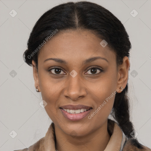 Joyful latino young-adult female with medium  brown hair and brown eyes