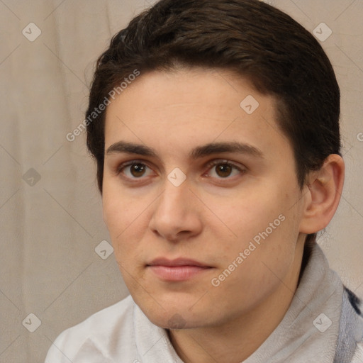 Neutral white young-adult female with short  brown hair and brown eyes