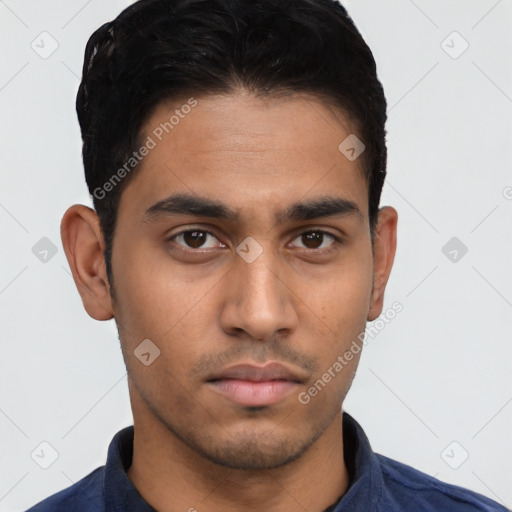 Neutral latino young-adult male with short  black hair and brown eyes