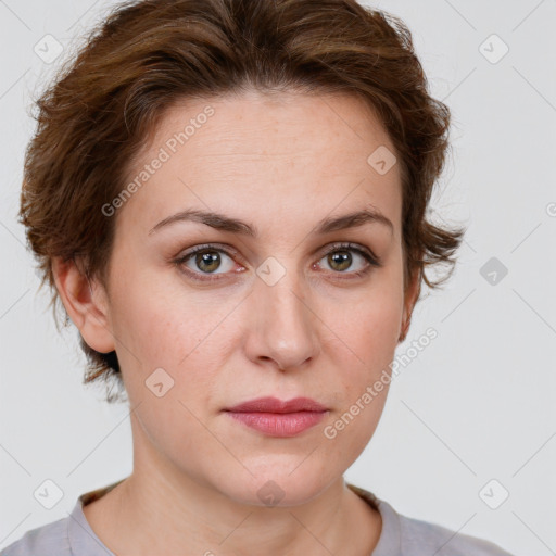 Joyful white young-adult female with medium  brown hair and green eyes