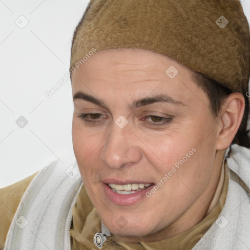 Joyful white adult female with short  brown hair and brown eyes