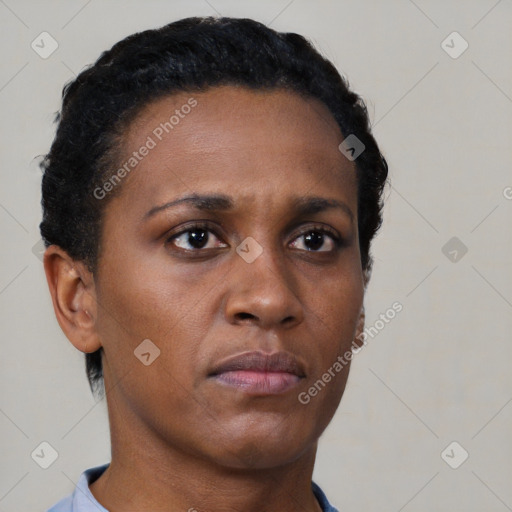 Neutral black young-adult female with short  brown hair and brown eyes