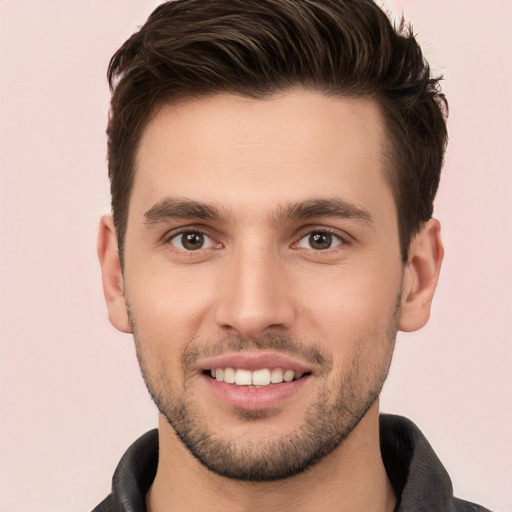 Joyful white young-adult male with short  brown hair and brown eyes