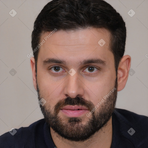 Neutral white young-adult male with short  black hair and brown eyes