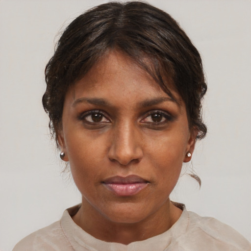 Neutral black young-adult female with short  brown hair and brown eyes