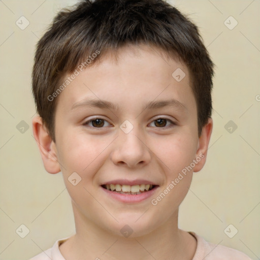 Joyful white child male with short  brown hair and brown eyes