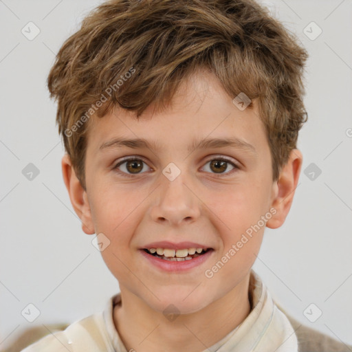 Joyful white child male with short  brown hair and brown eyes