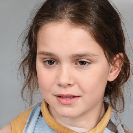 Joyful white child female with medium  brown hair and brown eyes