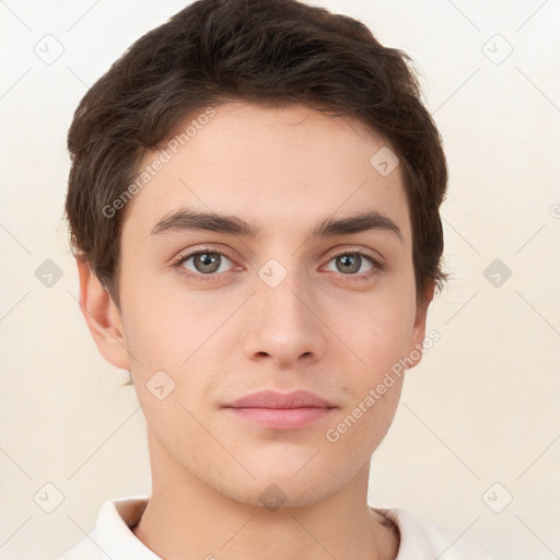 Neutral white young-adult male with short  brown hair and brown eyes