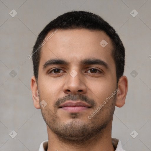 Neutral latino young-adult male with short  brown hair and brown eyes