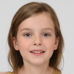 Joyful white child female with medium  brown hair and brown eyes